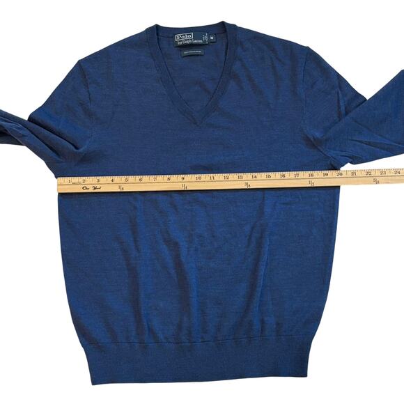Vtg Polo Ralph Lauren Sweater Mens Med Blue V Neck Merino Wool Long Sleeve *FLAW - Picture 7 of 10